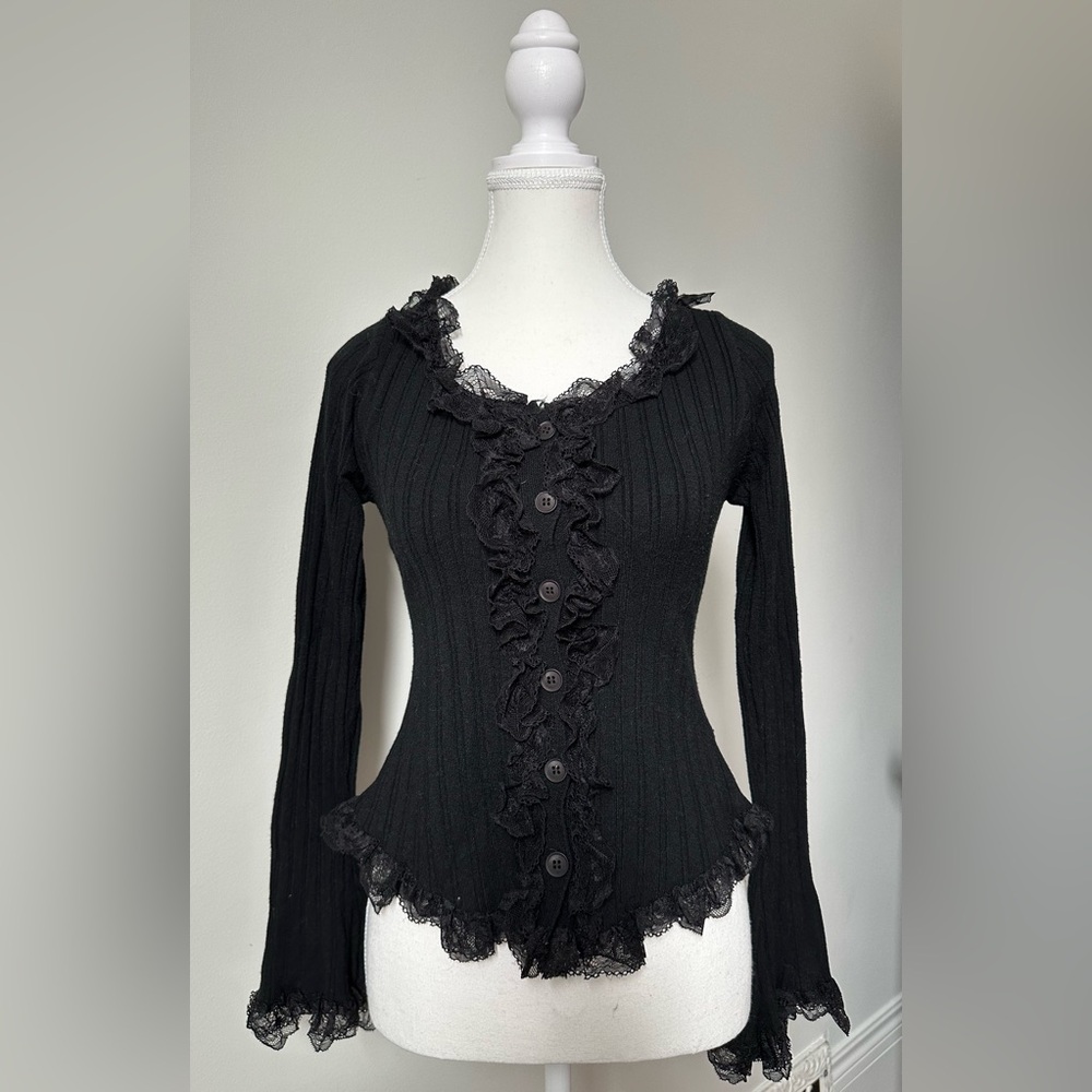 FASHION COLLECTION Black Ribbed Lace Ruffle Whimsygoth Vamp Cardigan Small